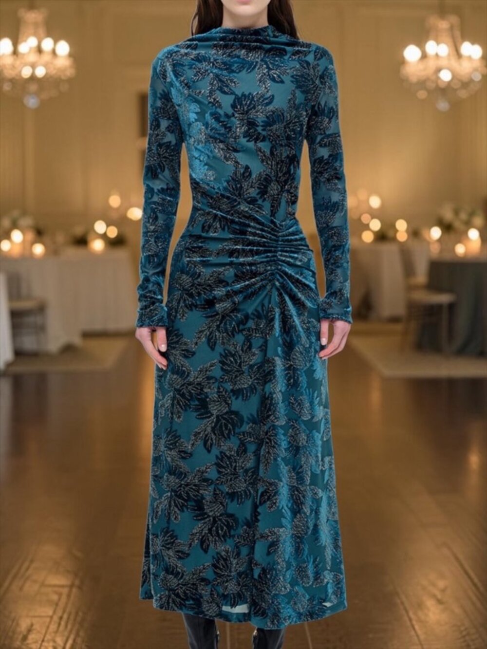 Simkhai Ferrera Floral Velvet Midi Dress L Petrol Long Sleeve Formal Holidays